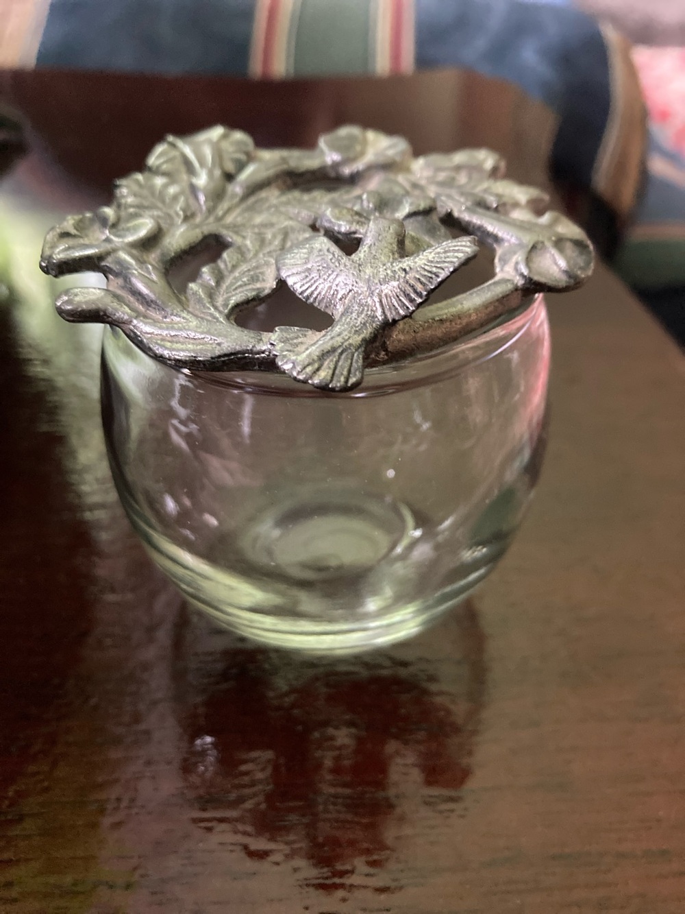 Vintage metzke 1980s Glass Jar with pewter Bird and flower design